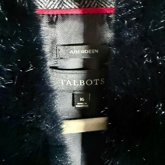 Talbots Women's 16 Gray Herringbone Aberdeen Shetland Blazer Faux Fur Collar - Picture 4 of 12